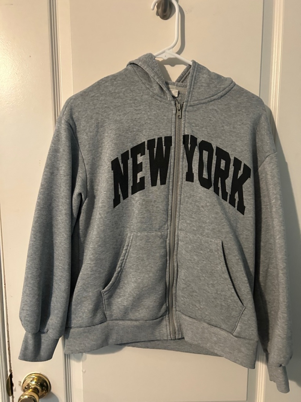 SHEIN Gray Zip-Up Hoodie with Black "NEW YORK" Print